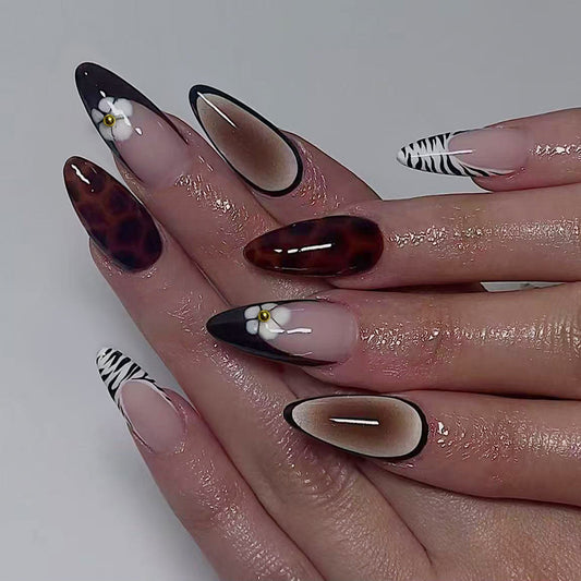 Boho Chic Long Almond Brown Zebra Print and Floral Design Press-On Nail Set