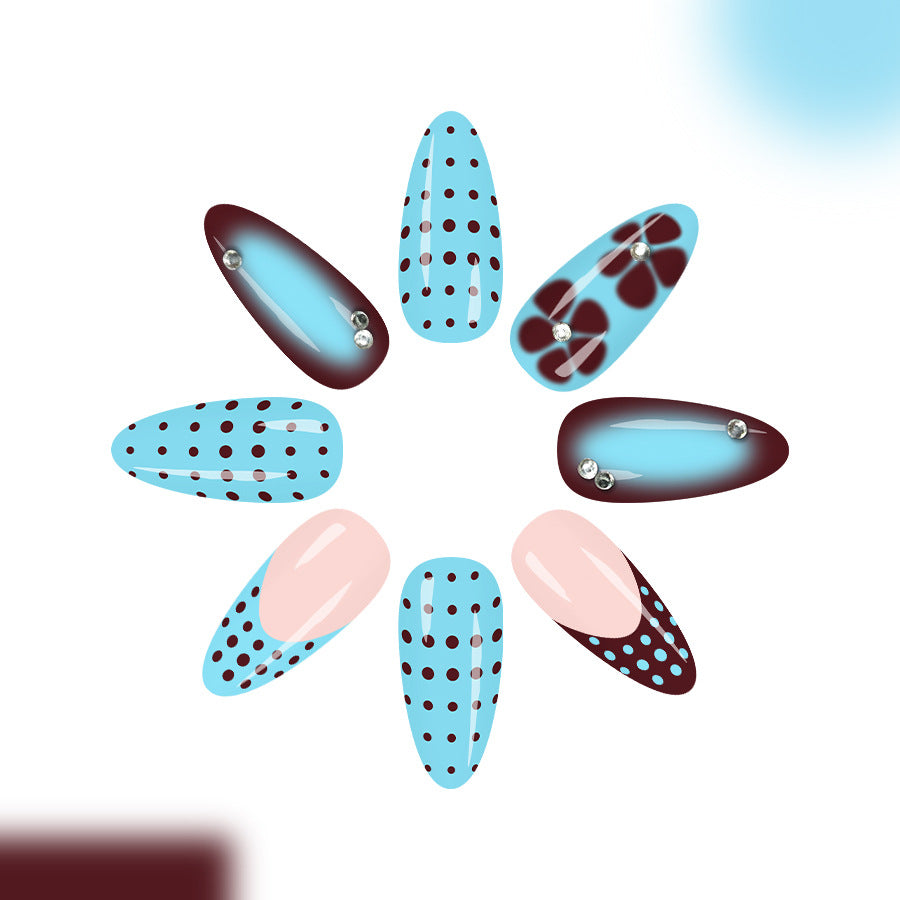 Whimsical Dots Long Almond Turquoise and Chocolate with Gem Accents Press On Nail Set