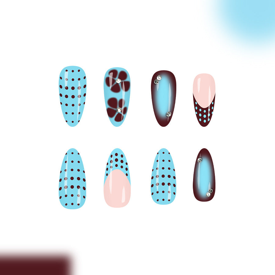 Whimsical Splash Long Almond Blue with Dots and Shimmering Accents Press On Nail Set