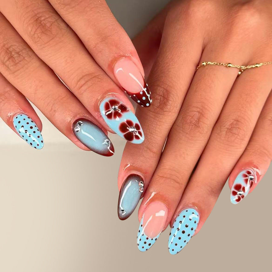Tropical Paradise Long Almond Blue with Floral Accents and Sparkling Gems Press on Nails Set