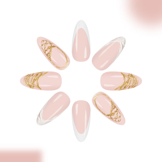 Elegant Blossom Long Almond Soft Pink With Golden Accent Press On Nail Set
