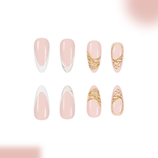 Bohemian Elegance Long Almond Pink Press-On Nail Set with Gold Accents