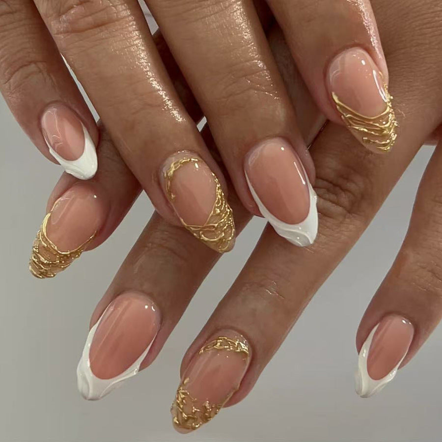 Glamorous Elegance Long Almond Beige and White Press On Nail Set with Gold Detailing