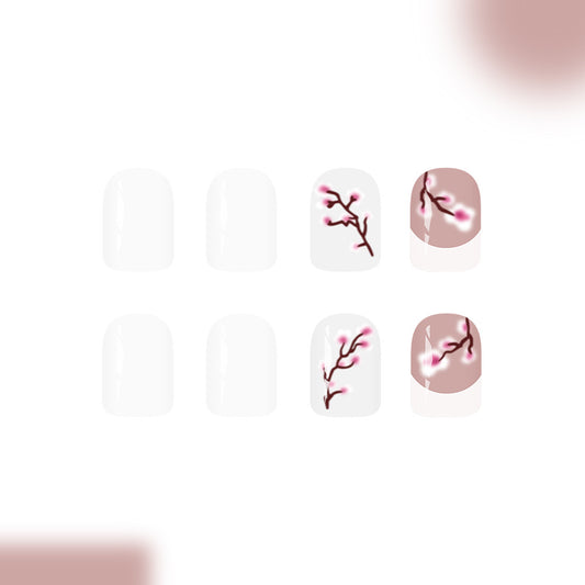 Blossoming Serenity Short Square White and Pink Floral Accent Press On Nail Set