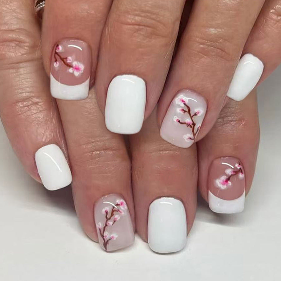 Charming Blossom Style Short Square White Color Press On Nails with Floral Details