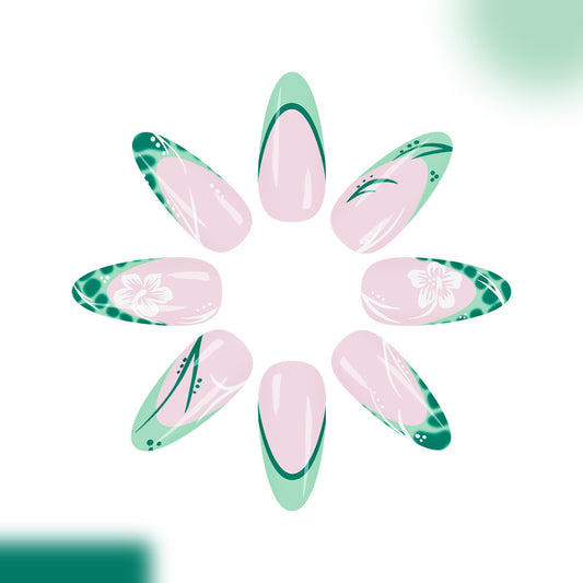 Botanical Bliss Long Almond Green and Pink Floral Design Press On Nail Set