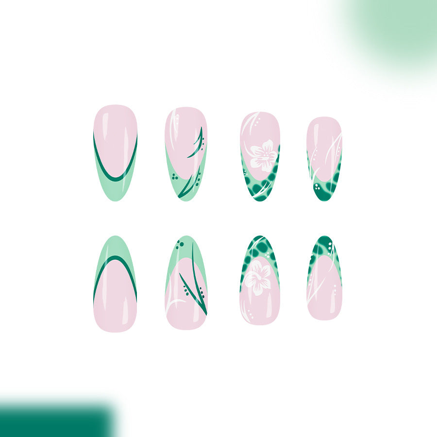 Nature's Elegance Press On Nail Set in Long Almond Shape in Soft Pink and Green with Delicate Floral Designs