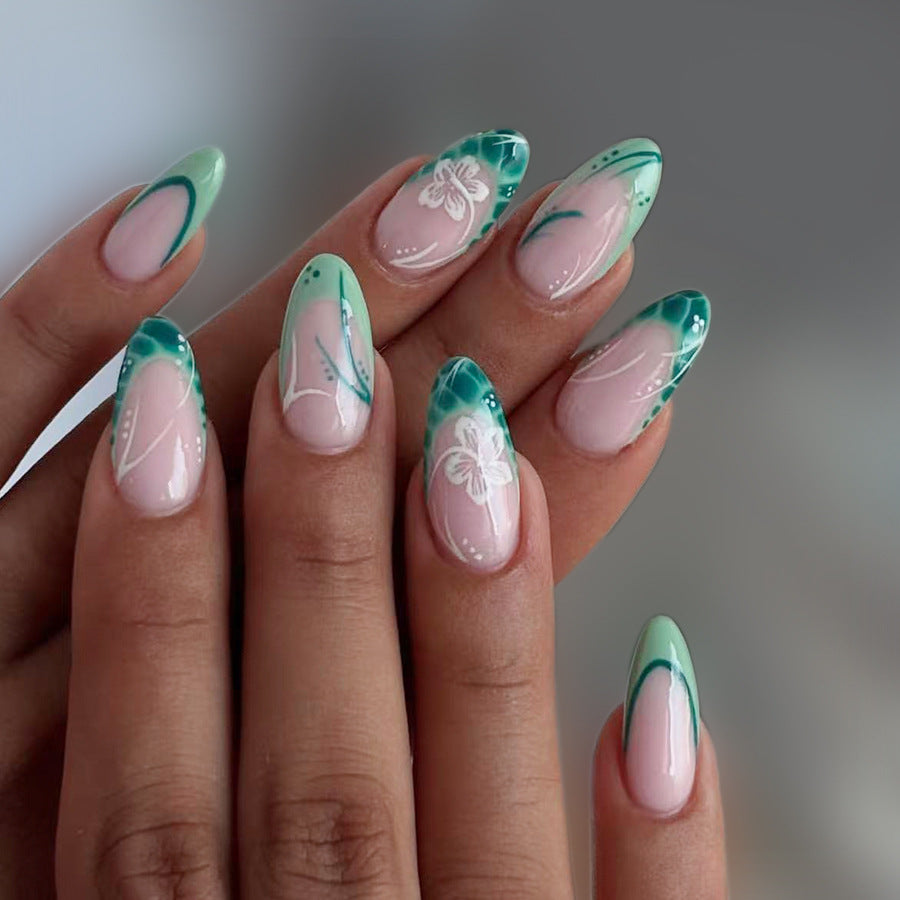 Tropical Fantasy Long Almond Mint Green Press On Nail Set with Floral Design