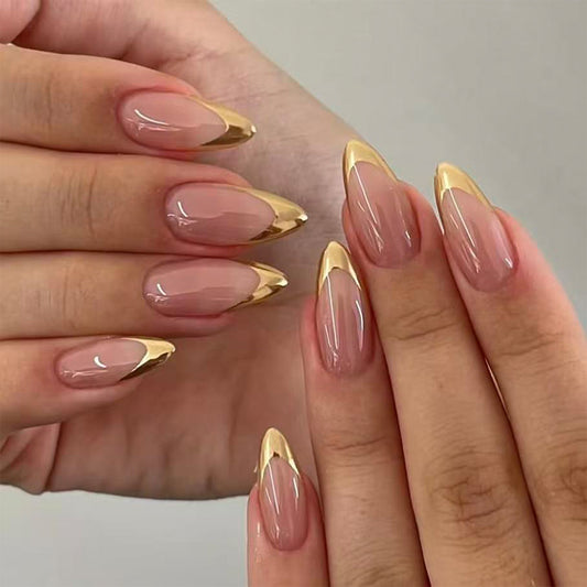 Glamorous Elegance Long Almond Beige Press on Nails with Gold Tips for a Chic Finish