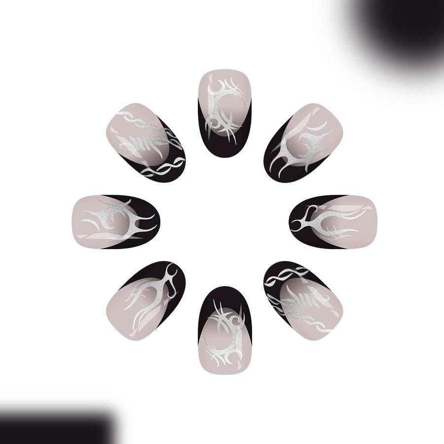 Mystical Night Glamour Short Oval Black and Beige Press on Nail Set with Intricate Silver Designs