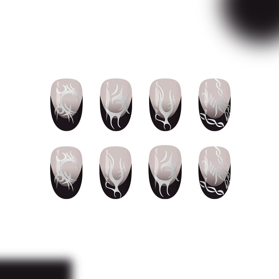 Ocean Breeze Elegant Short Oval Press On Nail Set in Soft Beige and Black with Intricate Silver Designs