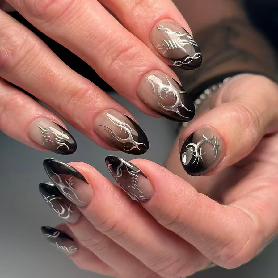 Mystical Elegance Long Almond Black and Beige Ombre with Intricate Silver Detailing Press On Nail Set