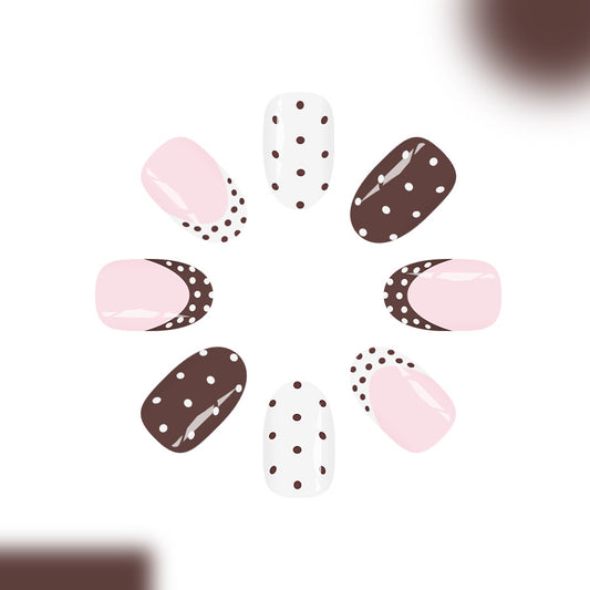 Chic Polka Dot Elegance Medium Oval Soft Pink and Rich Brown With Playful Dots Press On Nail Set