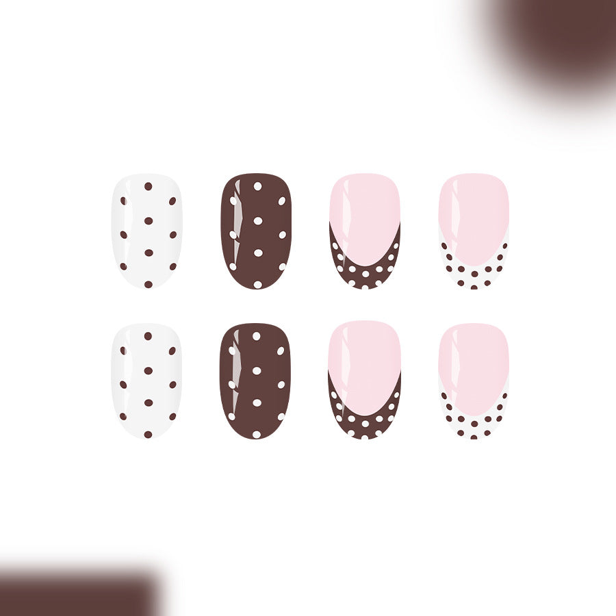 Charming Café Inspired Medium Oval White Brown and Pink Polka Dot Press On Nail Set