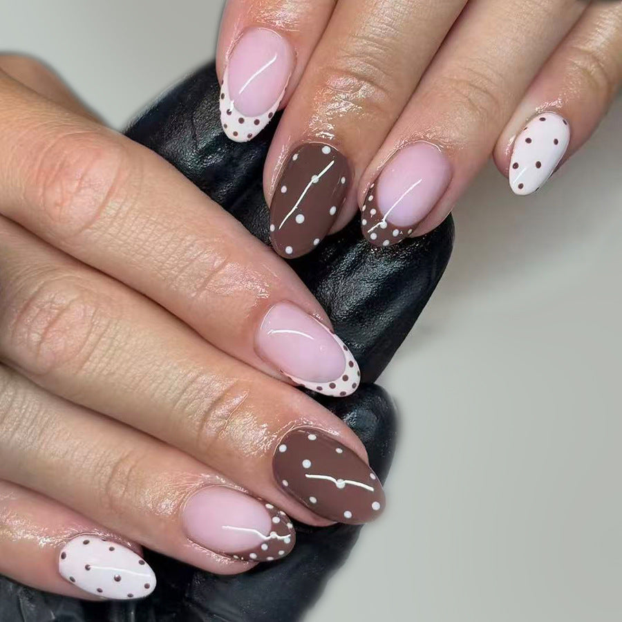 Choco Dream Medium Almond Shaped Pink and Brown Press on Nail Set with Dotted Design and Elegant Accents