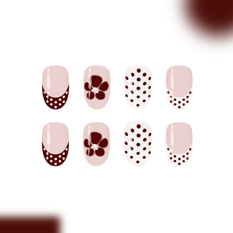 Chic Floral Elegance Medium Oval Beige and Burgundy Press on Nail Set with Charming Polka Dots and Delicate Flower Design