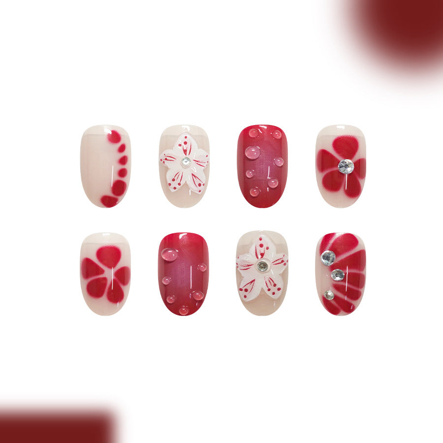 Enchanting Floral Elegance Medium Oval Pink and White with Gemstone Accents Press on Nail Set