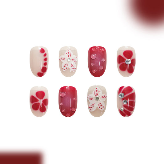 Enchanting Floral Elegance Medium Oval Pink and White with Gemstone Accents Press on Nail Set