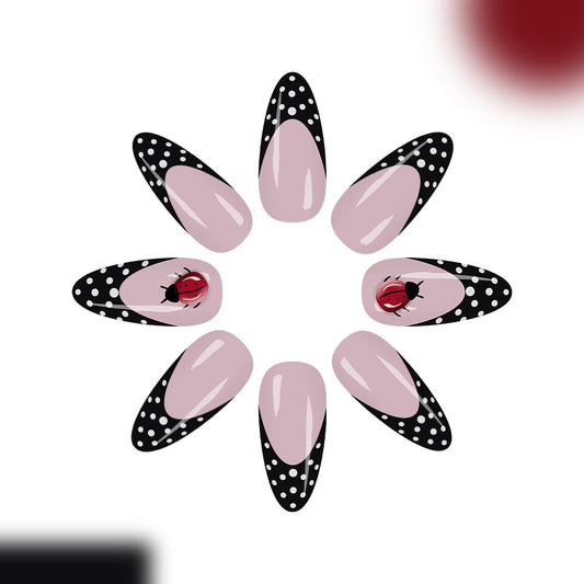 Charming Garden Inspired Long Almond Pink Black and White Polka Dot Press On Nail Set with Ladybug Accent