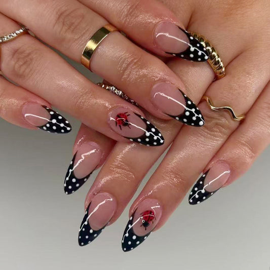 Gothic Elegance Long Almond Black and White Polka Dot with Ladybug Accent Press-On Nail Set