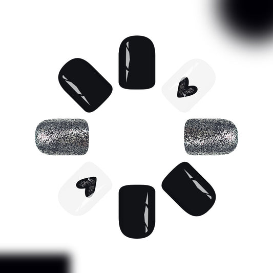 Gothic Romance Short Square Black and White Press-On Nail Set with Heart Design and Glitter Accent