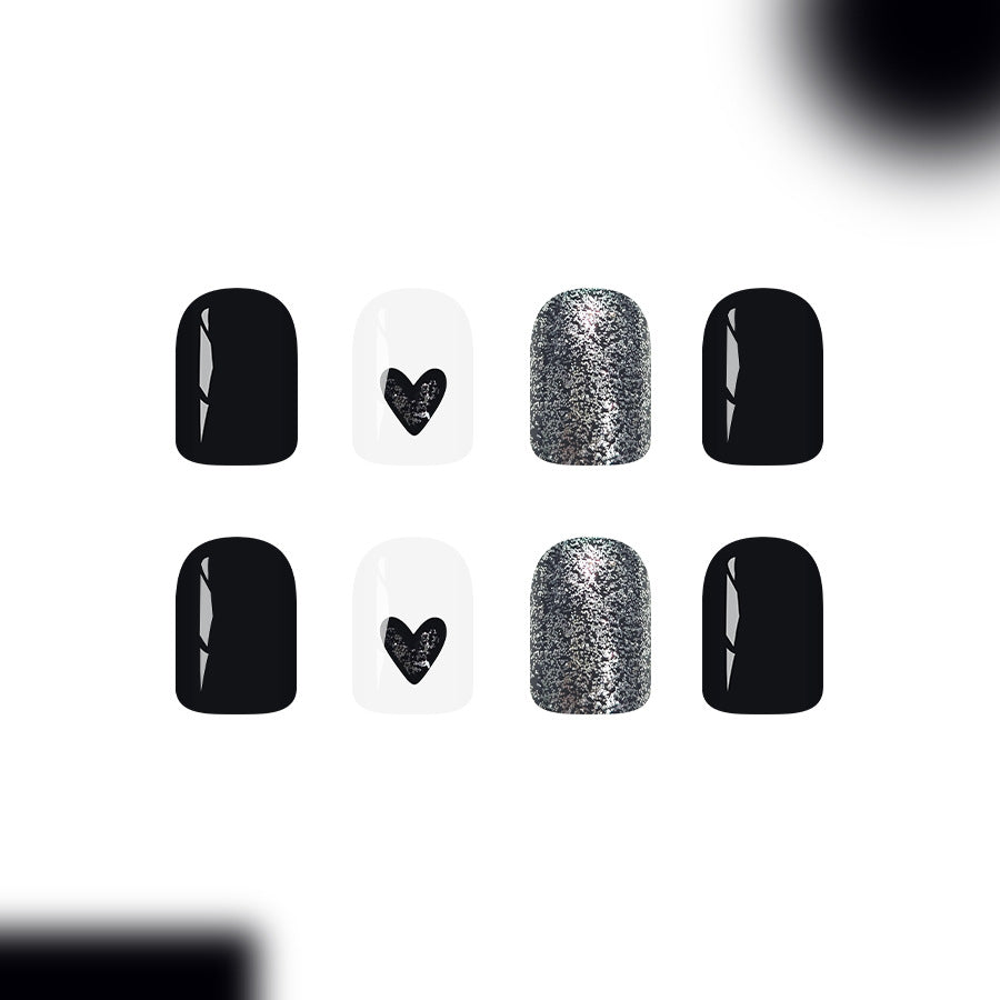 Gothic Glam Press On Nail Set Short Square Black White and Glitter Heart Accents