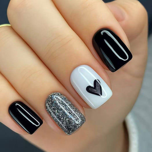 Charming Elegance Short Square Black and White with Sparkling Heart Detail Press-On Nail Set