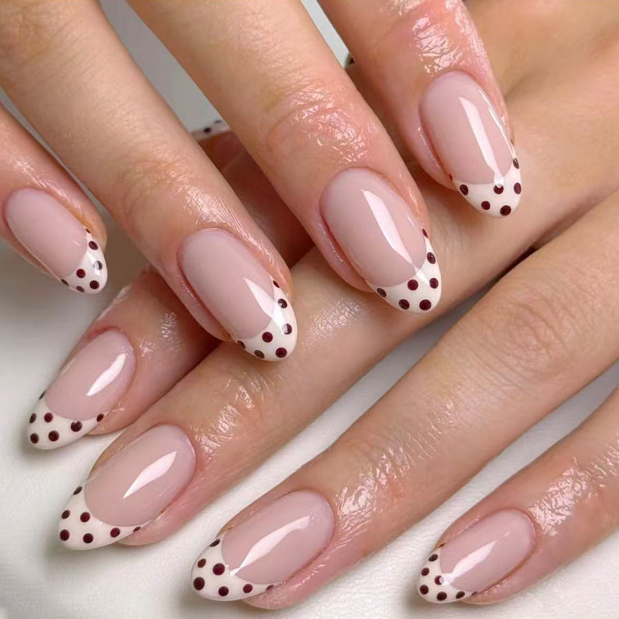 Chic Elegance Long Almond Soft Pink with Polka Dot French Tips Press on Nail Set