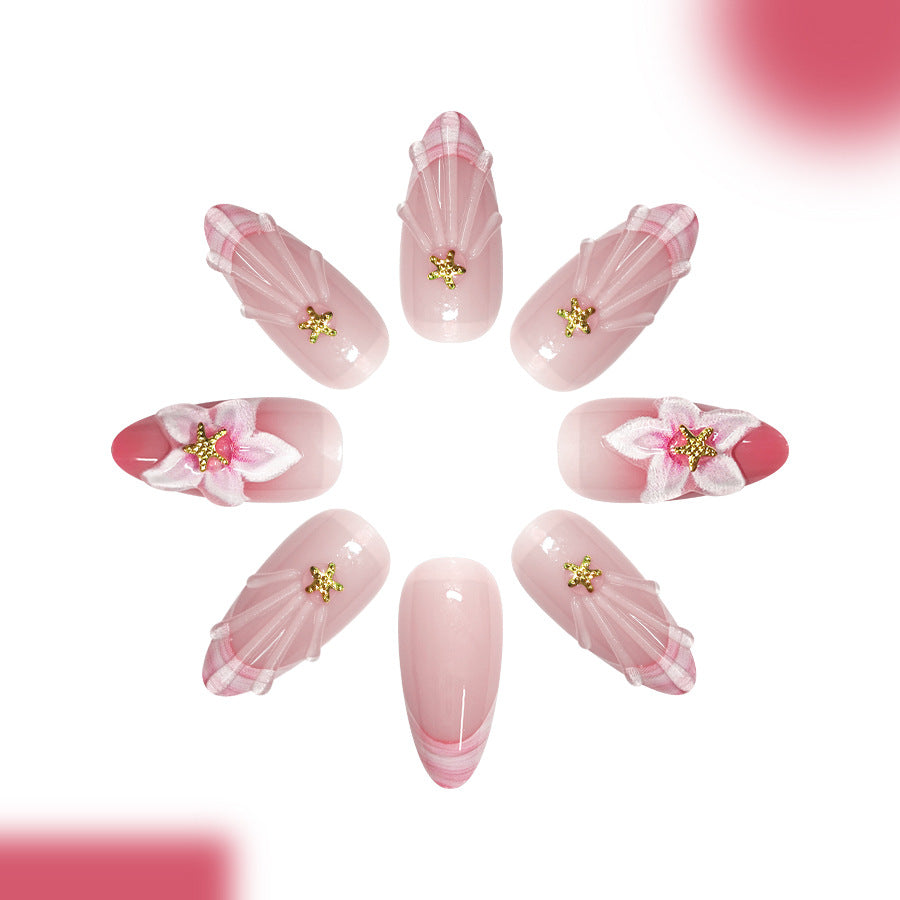 Blossom Elegance Long Almond Pink Press-On Nail Set with Floral Accents