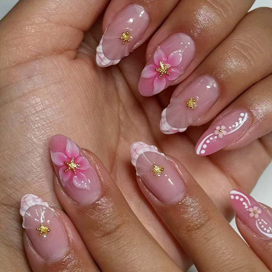Blossom Breeze Long Almond Pink Press-On Nail Set with Floral Accents and Sparkling Details