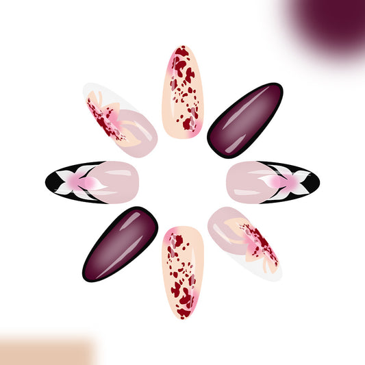 Bohemian Elegance Long Almond Burgundy Press On Nail Set with Elegant Floral Accents