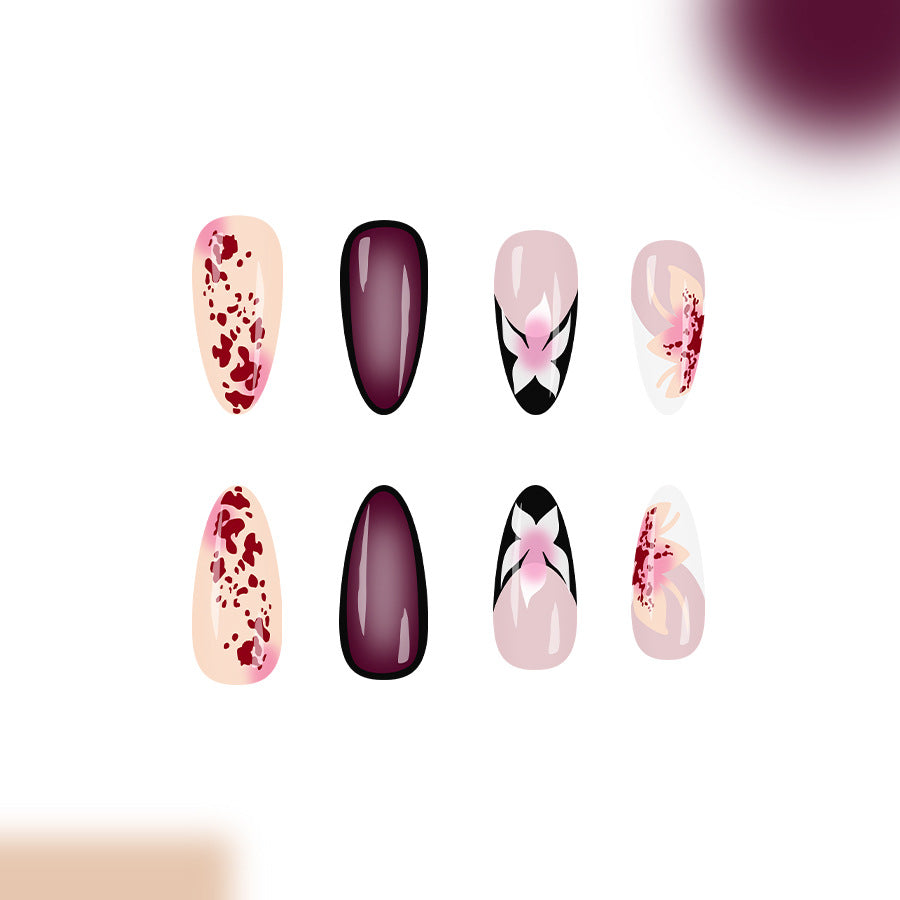 Blooming Elegance Press on Nail Set Long Almond Shaped Burgundy and Soft Pink with Floral Art Design