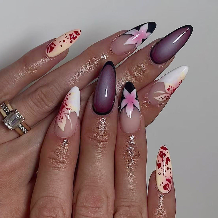 Blossoming Elegance Long Almond Shaped Ombre Purple Press On Nail Set with Artistic Floral Details