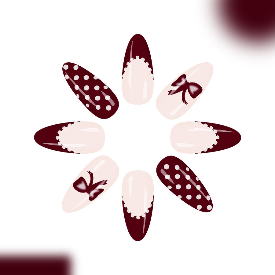Chic Charm Long Almond Burgundy with Bow and Polka Dot Design Press On Nail Set