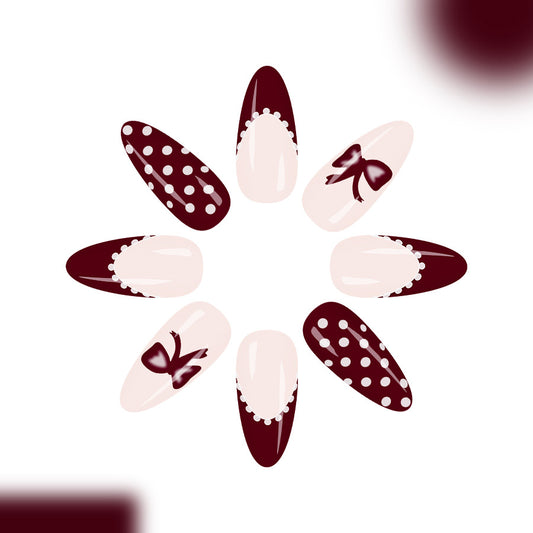 Chic Charm Long Almond Burgundy with Bow and Polka Dot Design Press On Nail Set