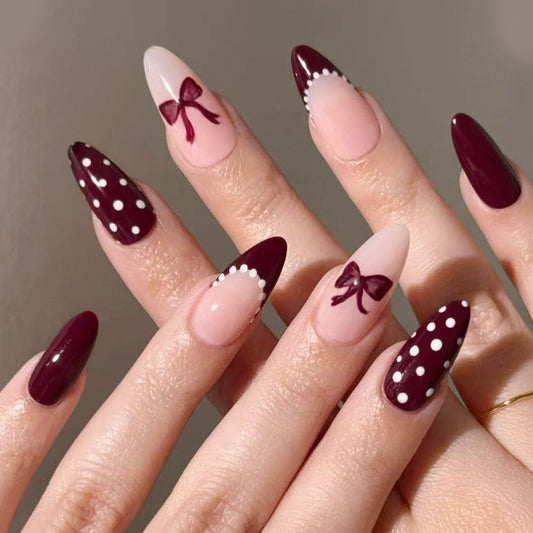 Charming Elegance Long Almond Burgundy with Bow and Polka Dots Press-On Nail Set