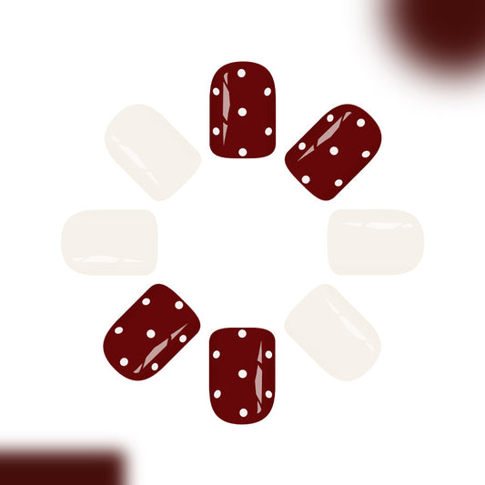 Chic Picnic Glossy Short Square Burgundy and Cream Polka Dot Press-On Nail Set
