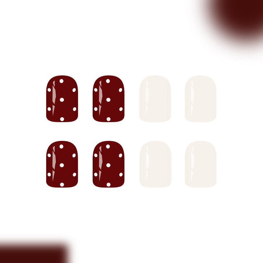 Chic Autumn Vibes Short Square Burgundy and Cream Polka Dot Press-On Nail Set