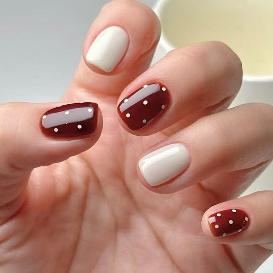 Chic Autumn Vibes Short Square Burgundy and Cream Nail Set with Whimsical Dot Design