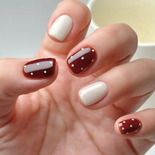 Chic Autumn Vibes Short Square Burgundy and Cream Nail Set with Whimsical Dot Design