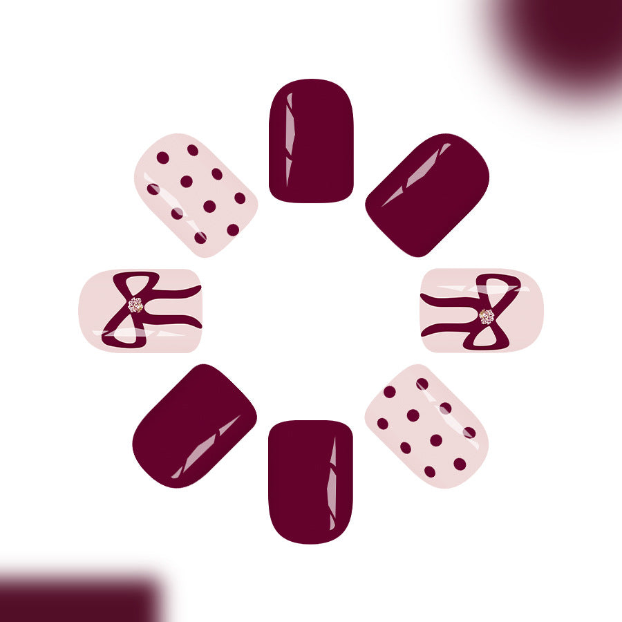 Chic Bowtied Elegance Short Square Burgundy and Blush Press On Nail Set with Polka Dots and Gemstone Accents