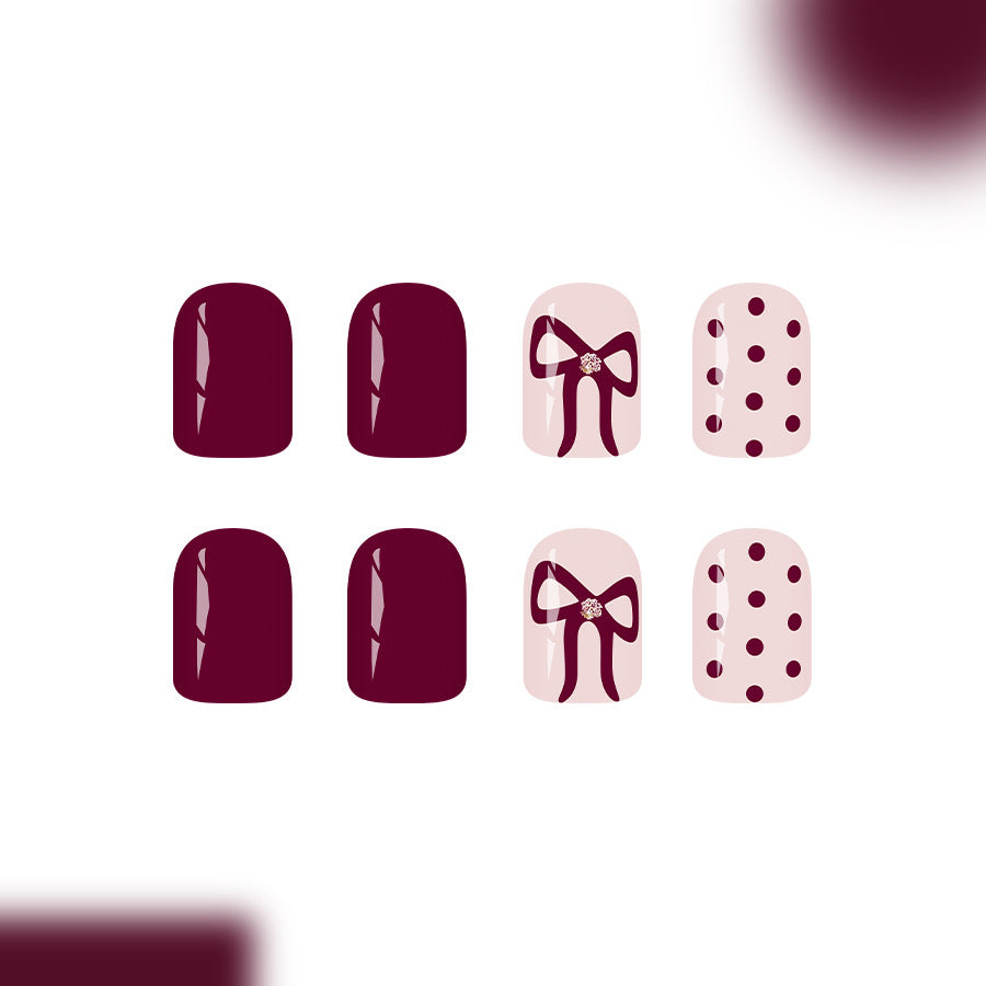Charming Vintage Elegance Short Square Burgundy with Sparkling Bow and Polka Dot Design Press-On Nail Set