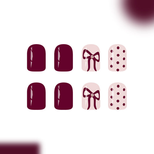 Charming Vintage Elegance Short Square Burgundy with Sparkling Bow and Polka Dot Design Press-On Nail Set