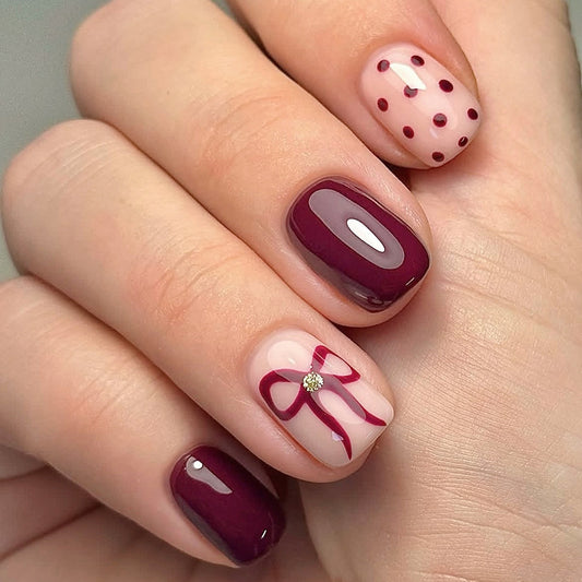 Charming Elegance Short Square Burgundy with Dazzling Bow Accent Press-On Nail Set