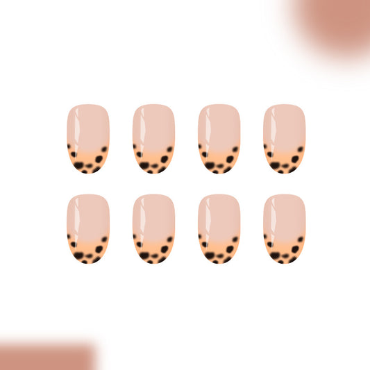 Charming Tea Party Short Oval Beige Press on Nail Set with Whimsical Bubble Tea Design