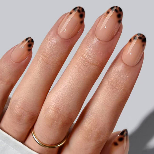 Chic Leopard Print Short Oval Beige Press-On Nail Set with Glossy Finish