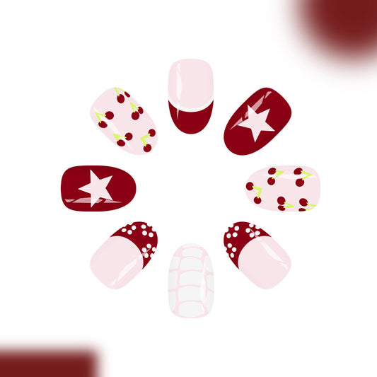 Cherry Blossom Elegance Short Oval Burgundy and Soft Pink with Star and Cherry Designs Press-On Nail Set