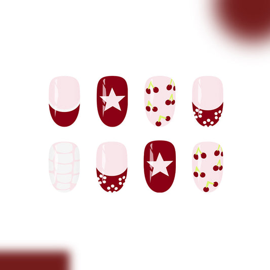 Cherry Blossom Delight Oval Short Glossy Red and Pink Press-On Nail Set with Star and Cherry Designs