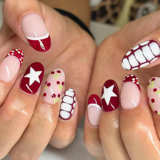Charming Celebration Trendy Medium Oval Burgundy and Soft Pink with Stars and Dotted Designs Press On Nail Set