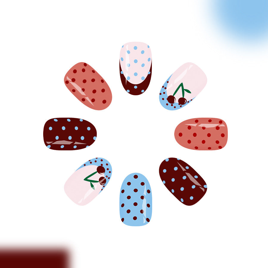 Cherry Delight Short Oval Red and Blue Polka Dot Press On Nail Set